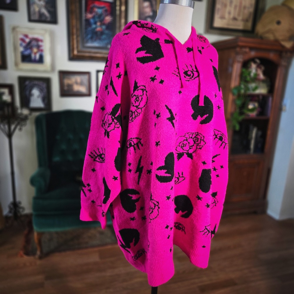 LoveSick Hot Pink Black Graphic Oversized Knit Hoodie Sweater Roses Eyes Size 5
